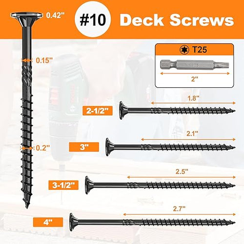 #10 x 2-1/2” Deck Screws, 1000Pcs Star Drive Wood Screws, Rust Resistant Timber Screws for Timber/Log/Landscaping Wood, T25 Star Bit Included, Black