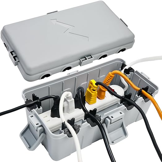 Hrensaw Medium Outdoor Electrical Box(10.6x5.5x4.5inch),IP54 Waterproof Extension Cord Cover w/6 Cable Entry,Weatherproof Connection Box Protect Power Strip,Timer,Plug,Holiday Lights,Grey