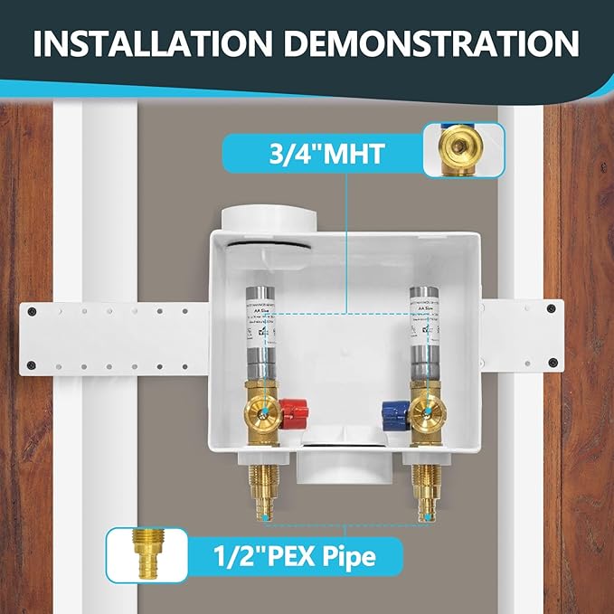 Washing Machine Outlet Box, Center Drain/Side Drain, 1/2 Inch Pex Crimp Inlet x 3/4 Inch MHT Outlet Connection, Laundry Washer Valve Outlet Box, with Stainless Steel Water Hammer Arrestor