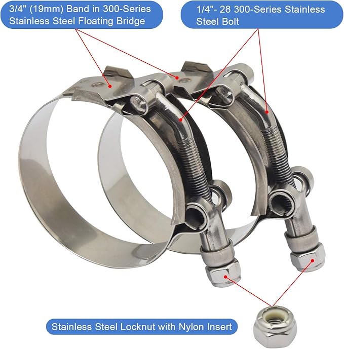 ROADFORMER 65mm - 73mm T-Bolt Hose O.D. Clamp - Working Range 2.56" - 2.87" for 2.75" Hose OD, SS Bolt and Band, Floating Bridge and Nylon Insert Locknut (65mm - 73mm,2 pack)