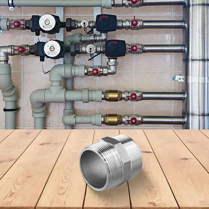 Hex Nipple 2 Inch Male x Male 304 Stainless Steel Threaded Pipe Fitting, Resistant Plumbing Connector for Water, Gas and Air Systems