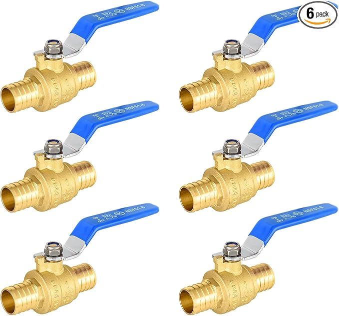 6 Pack Ball Valves, 1" Pex Crimp Shut Off Valve Blue, Brass Full Port Pex B Shut Off Ball Valve for Hot and Cold Water, NSF/ANSI 61 Certified