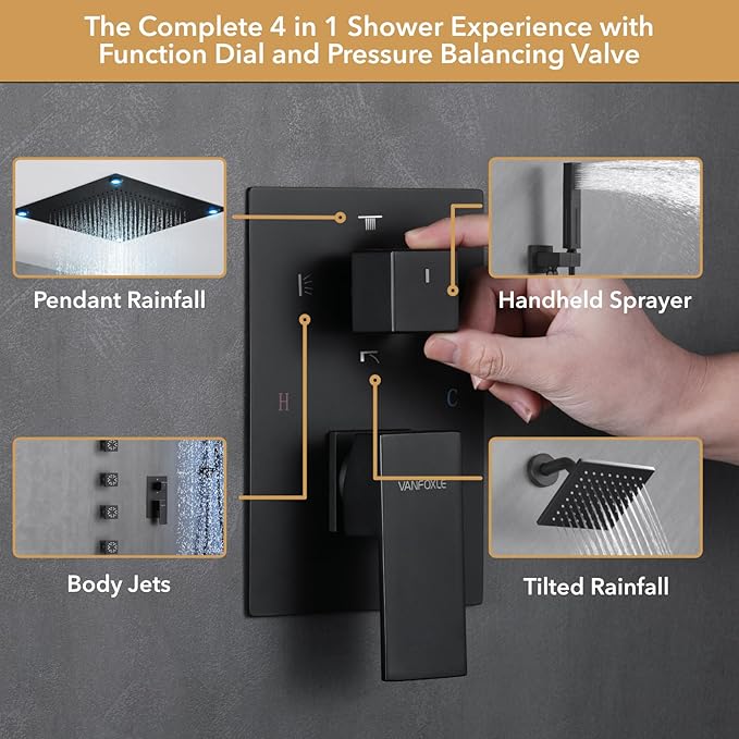 VANFOXLE Shower Faucet Set Matte Black Shower System,Shower Faucet with 2 in 1 Handheld,Ceiling Mount 16 Inch LED Shower Head+6 Inch Shower Head(Rough-in Valve Body and Trim)