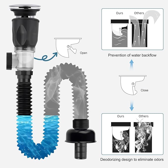 iFealClear Bathroom Sink Drain Kit, Flexible P-Trap Drain Pipe with Pop Up Stopper, Sink Pipe Replacement with 2 Adapters, Fits 1-1/4'', 1-1/2'', 2" Holes, Big Cover Cap, Brass Bounce Core, Chrome