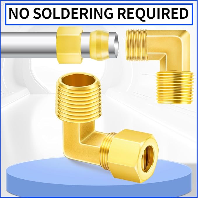 ChillWaves Brass Compression Tube Fitting, 1/2" OD x 3/8" NPT Male 90 Degree Elbow Compression Union Connector(5-PACK)