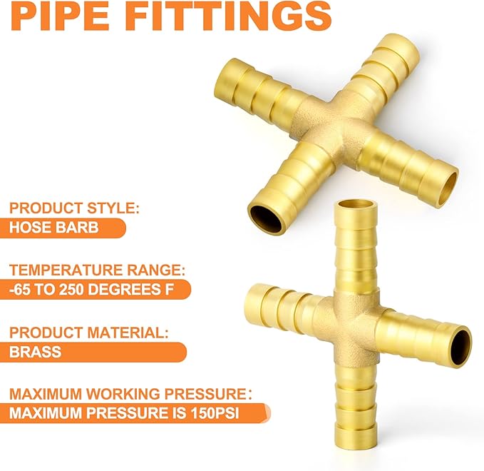 GASHER 5PCS 5/8" Brass Hose Barb, 4-Way Hose Fitting with 20 Hose Clamp Intersection/Lquid/Fuel/Air