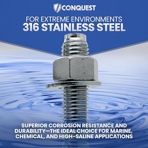 Conquest 5/8" x 7" Type 316 Stainless Steel Wedge Anchors (Box of 25) Heavy Duty Fastener for Concrete