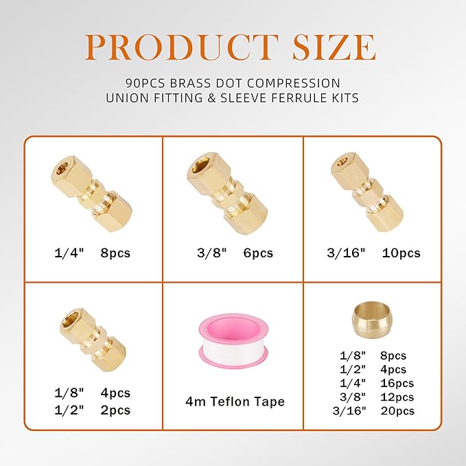 90PCS Brass Tube Pipe Fittings Kit, Nylon Tubing Fittings Assortment 1/8" 3/16" 1/4" 3/8" 1/2" OD Compression Union Straight Connector & Sleeves Ferrules for Truck Airlines and Industrials