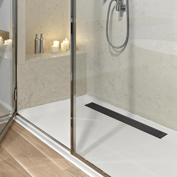 28 Inch Removable Cover Linear Shower Drain 304 Stainless Steel Rectangular Floor Drain for Kitchen Bathroom Square Hole Drain with Accessories Hair Strainer Adjustable Leveling Feet (Matte Black)