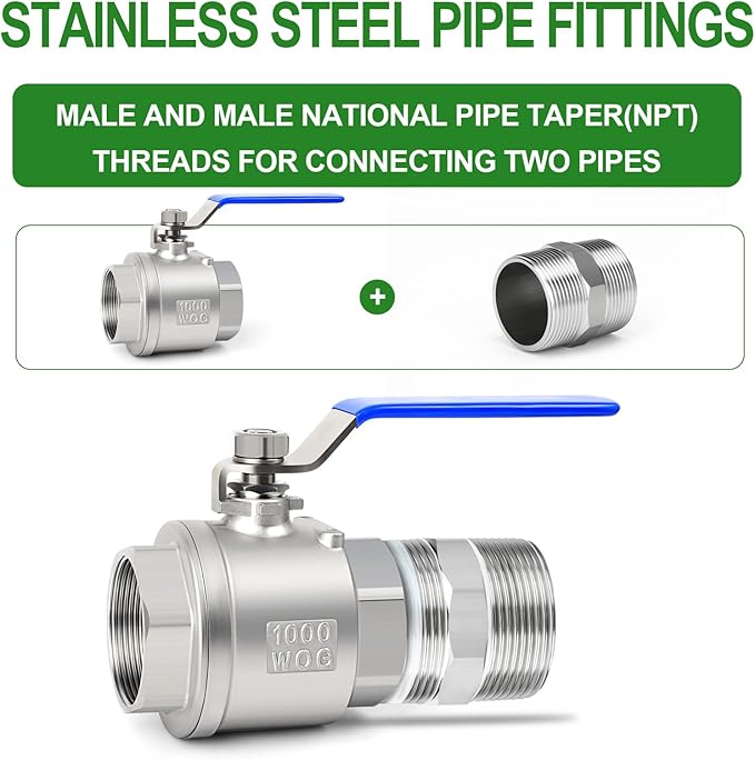 TAISHER 2PCS 304 Stainless Steel New Hex Nipple, 2" NPT Male x 2" NPT Male, Pipe Adapter Fitting
