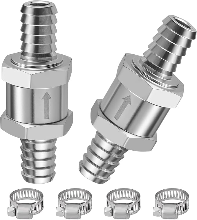 EVIL ENERGY 3/8" (10mm) Check Valve, 2 Pcs Aluminum One Way Fuel Check Valve for Gasoline, Diesel & Coolant with Universal Hose Clamps, Silver