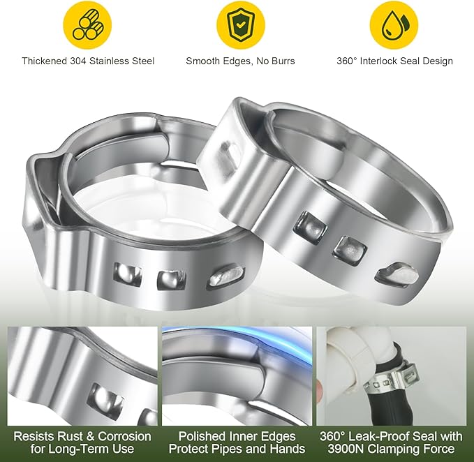 120 Pack 3/4 Inch PEX Cinch Clamps Rings, Heavy Duty 304 Stainless Steel Pex Crimp Rings, Thickened Single Ear Hose Clamps for PEX Tubing Pipe Fitting Connections