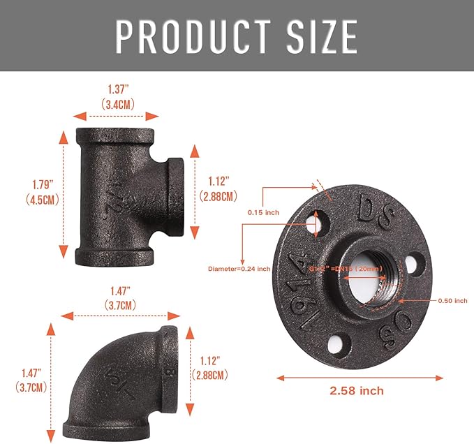 1/2" Floor Flange/Elbow/Tee Combo, 60 Pack Pipe Fitting for Industrial vintage style, DIY Project/Furniture/Shelving Decoration (60, 1/2 Inch)