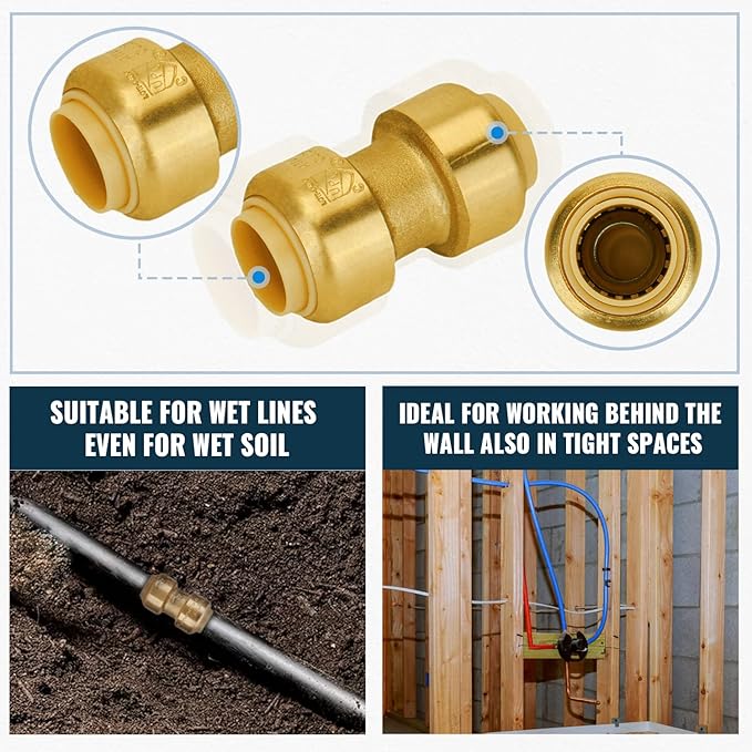 SUNGATOR Push Fittings 1/2 Inch, Straight Coupling (5 PCS), 90 Degree Elbow (5 PCS), No Lead Brass Plumbing Fittings for Pex Pipe, Copper, CPVC, with 1 Disconnect Clip, Pack of 10