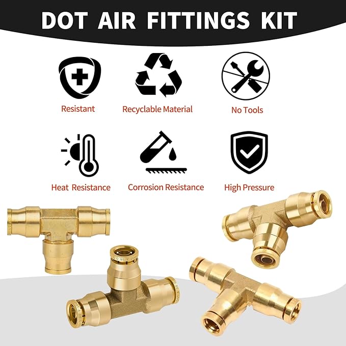 1/4" Brass Push to Connect Fittings Tee Union Dot Approved Air Brake Quick Connect Fittings Air Line Fittings Air Suspension Kit for Truck Trailers and Air Brake System 2Pcs