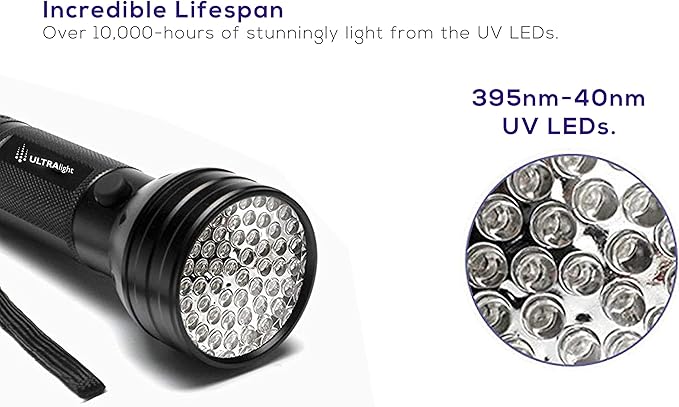 Astute ULTRAlight UV Flashlight Black Light, 51 LED 395 nM - Detector for Pet Urine, Pet Stains and Bed Bugs