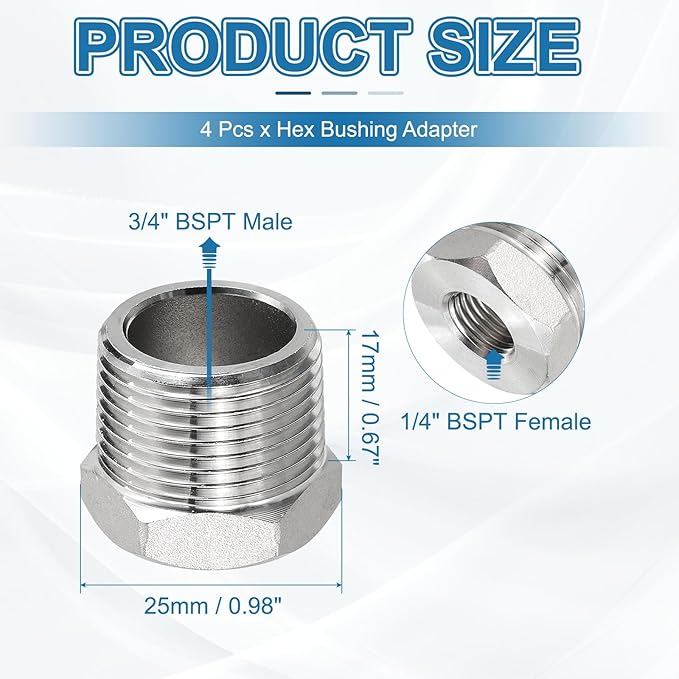 PATIKIL 304 Stainless Steel Reducer Hex Bushing 2 Pcs, 3/4" BSPT Male to 1/4" BSPT Female Pipe Reducing Adapter Fitting Connector for Water Gas Hydraulic Pipes Shower Hose, Silver