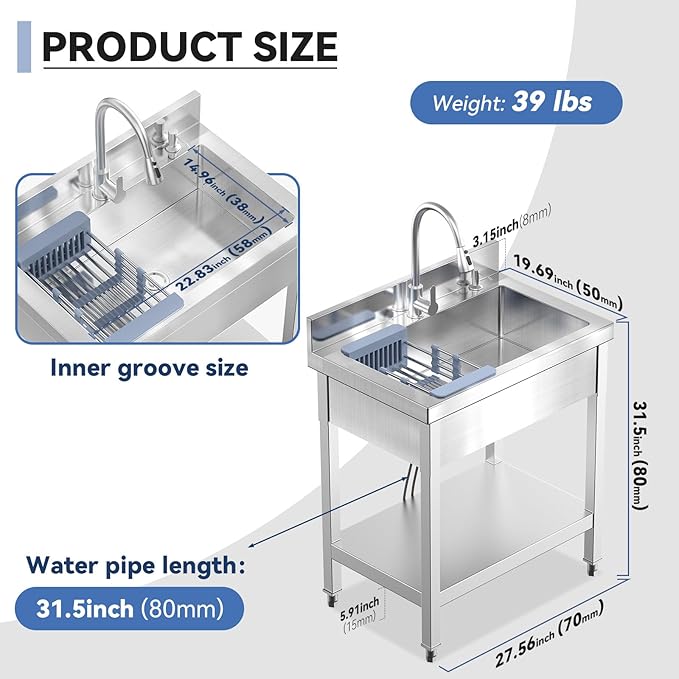 Stainless Steel Utility Sink, 28"Freestanding Sink with Retractable Cold and Hot Water Faucet,Hoses and Drain Kit for Kitchens, Bathrooms, Garage, Laundry Room,Pet Cleaning