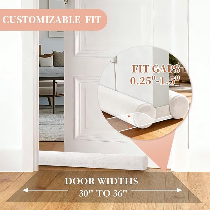 Under Door Gap Filler,Door Draft Stopper for Bottom of Doors,Weather Stripping Door Bottom Seal,Adjustable Door Sweep Draft Seal Block Dust,Light, Hot Air and Drafts,30" to 36" White