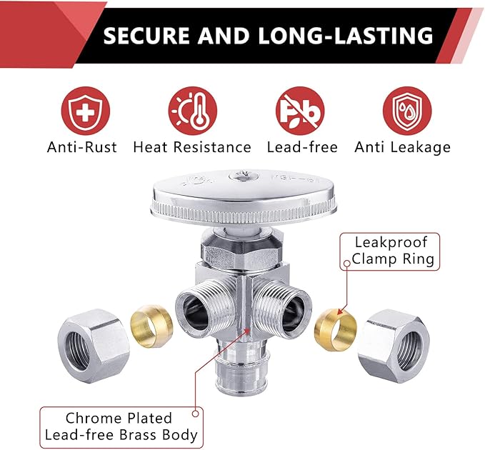 (Pack of 10) EFIELD Dual Outlet Angle Stop Valve, Multi-Turn, 1/2" Expansion F1960 Pex-a Pipe Inlet x (3/8 inch x 3/8 inch) Compression Outlet,(VALVE066-10PCS)