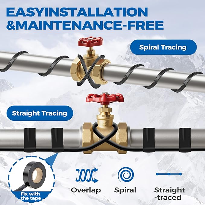 9.5FT（3FT-200FT） Pipe Heating Cable for Pipe Freeze Protection, Heat Cable for Water Pipes(Metal and Plastic), Pipe Heat Tape Keeps Water Flowing at -40°F 5w/ft, 120V Plumbing fixture