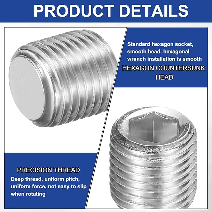 PATIKIL 5 Pcs 304 Stainless Steel Pipe Plug M10 x 1 Male Internal Hex Thread Socket Pipe Plug Hex Countersunk Pipe Fitting for Sealing Water Oil Gas Pipeline, Silver