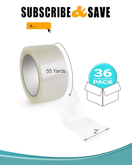 APQ 36 Rolls of Carton Sealing Tape 2” x 55 Yards. Thickness 2 Mil. 50 Micron Polypropylene Pressure Sensitive Tape for Packing, Shipping, Moving Boxes. Acrylic Adhesive. No Weathering, Yellowing.