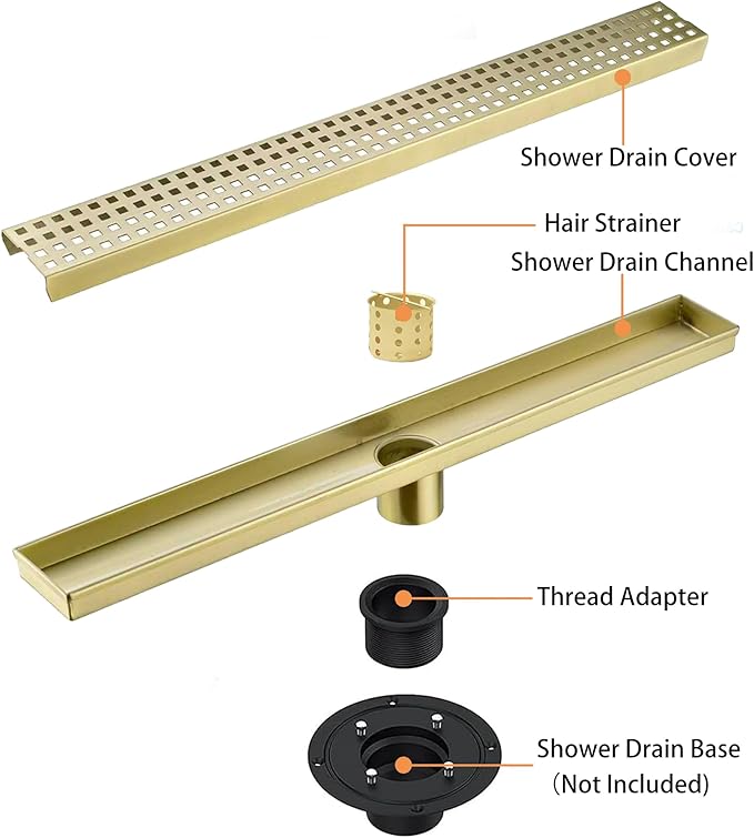 24 Inch Linear Shower Drain Bathroom Kitchen Golden Floor Drain Removable Capsule Pattern Cover Accessories Shower Drain 304 Stainless Steel Drain with Hair Strainer Adjustable Leveling Feet