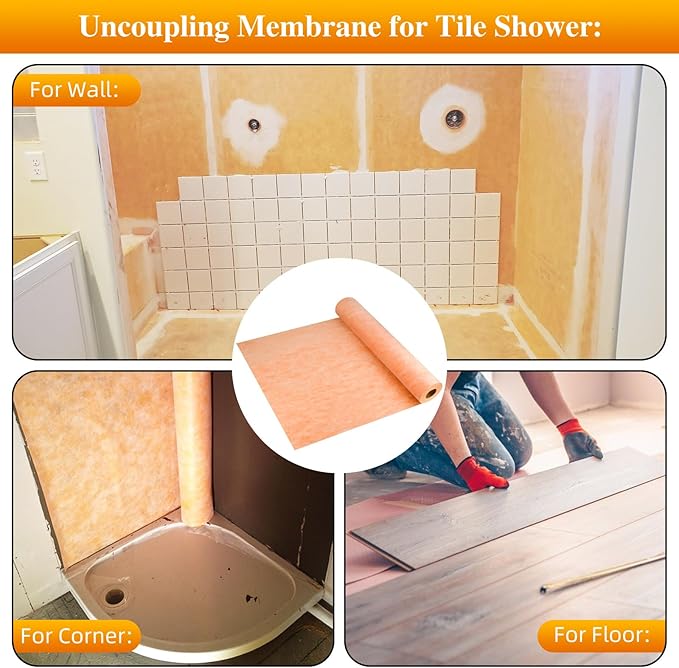 Waterproof Membrane for Shower,3.3ftx65ft Shower Waterproofing Membrane Uncoupling Band for Tile Wall Floor Bathroom Sauna Steam Room and Wet Areas,Tile Underlayment Seam Tape,23.6Mils Thick,214 Sq Ft
