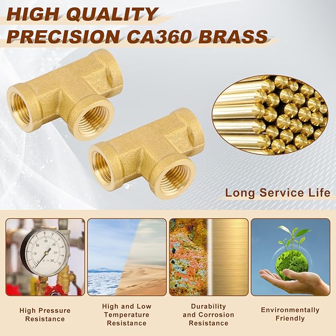 2pcs 1/8" Brass Tee Fittings 1/8" NPT Female Pipe to 1/8" NPT Female Pipe to 1/8 Inch NPT Female Brass Barstock Street Tee Pipe Fittings 3 Way Forged Brass Fittings