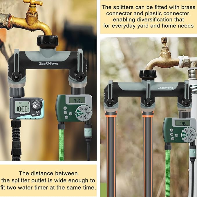 Full Flow Heavy Duty Two - Way Hose Splitter, Rugged Garden Faucet Adapter, Spout Diverter T - Way Adapter with Extended Handle, 3/4” GHT Thread, Grey