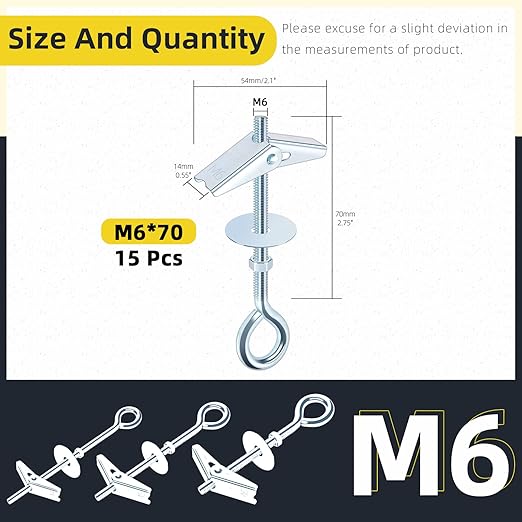 15Pcs M6 x 70mm Eye Bolt Toggle Bolt Assortment Kit, Spring Toggle Bolts Butterfly Anchors Butterfly Toggle Anchors, Heavy Duty Drywall Anchors with Wing Nut for Hanging Lamps Heavy Items