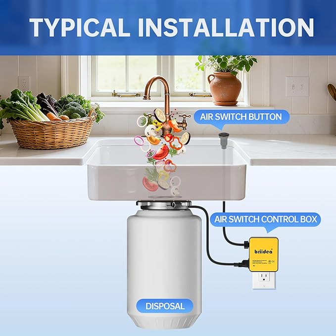 Garbage Disposal Air Switch Kit Sink Top Waste Disposal Long Stainless Steel Black On/Off Air Button Food and Waste Disposals Part by Briidea, UL Listed