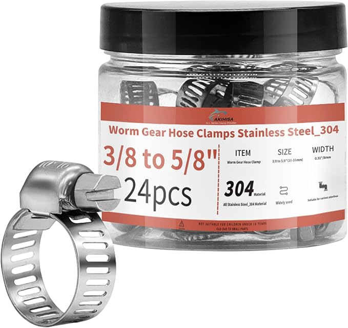 24 Pack 3/8" - 5/8" Worm Gear Hose Clamps, Adjustable Range 10-16mm 304 Stainless Steel Fuel Line Hose Clamps for Pipe, Plumbing, Automotive and Mechanical Application