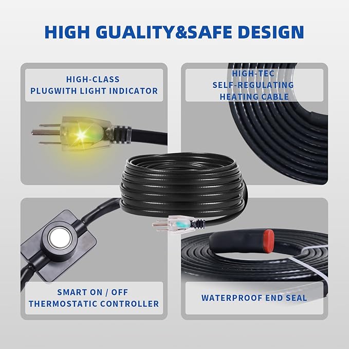 25 FT Pipe Heat Cable for Water Pipe Freeze Protection, Prevent Freezing & Easy Installation, Water Pipe Heat Cable With Thermostat Self-Regulating, Pipe Heating Trace System 120 V
