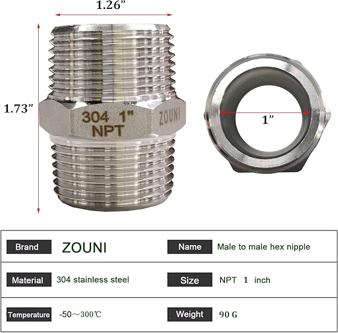 ZOUNI 5PCS Hex Nipple 1" x 1" Male Pipe Fittings, NPT 1 inch Male Threaded Pipe Adapter Fittings Equal Nipples Connectors,304 Stainless Steel MNPT Straight Connector Pipe Fitting