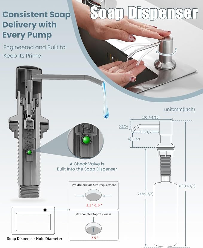 Kitchen Faucet Set, Commercial Kitchen Sink Faucets with Pull Down Sprayer and Soap Dispenser, Stainless Steel Faucets for Kitchen Sinks, Single Handle Spring Faucet with Deck Plate