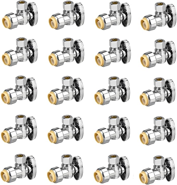 20pcs Stop Valves, 1/2" × 3/8" Angle Stop Valve, 1/2" PTC Input, 3/8" OD Compression Output, Push to Connect, 1/4 Turn, Chrome Plated Brass for Faucet, Toilet Valves, No Lead