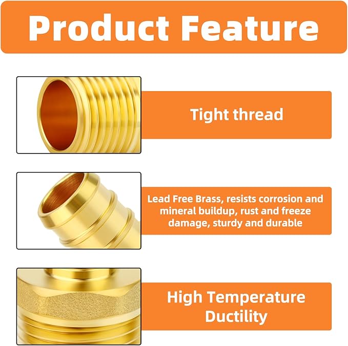 GASHER 6Pcs No Lead Brass 3/4" Pex Male Adapter, 1/2" Male NPT to 3/4" PEX Adapter for Pex Tubing