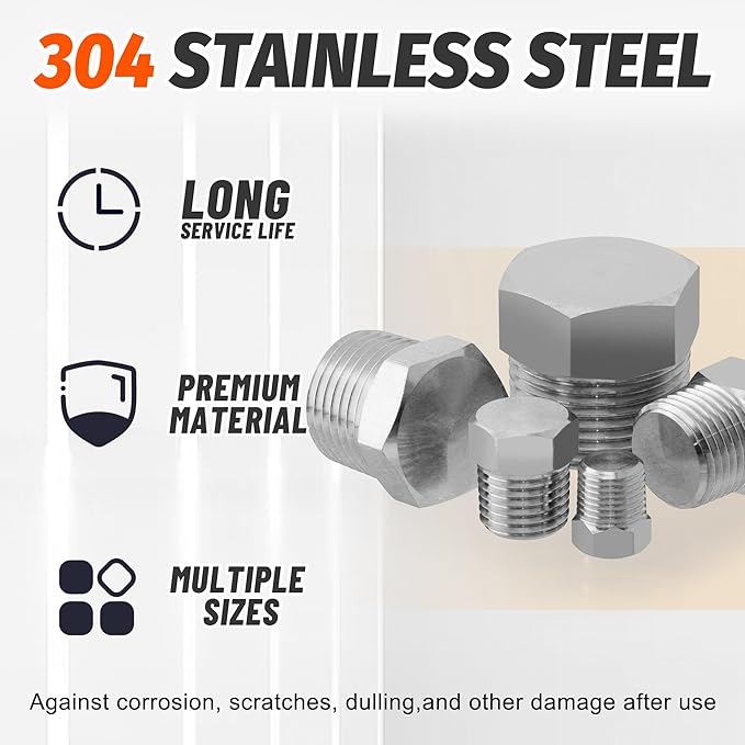 20 PCS 304 Stainless Steel Hex Pipe Plug Fittings Kits,Hex Head Plugs Fitting Assortment Kit 1/8" 1/4" 3/8" 1/2" 3/4" NTP Plugs Male Threaded