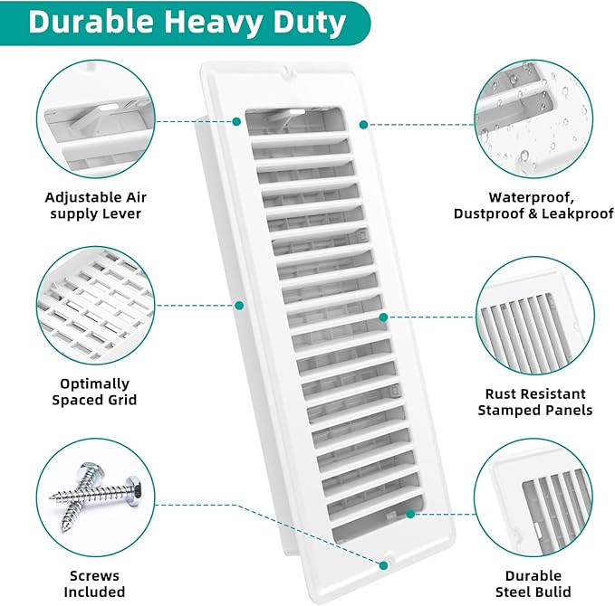 Floor Register 2x10-2 Pack Vent Covers for Home Floor Wall Ceiling with Screw Heavy Duty Steel Walkable Finish Metal Floor Vent Covers Adjustable Airflow HVAC Register Grilles