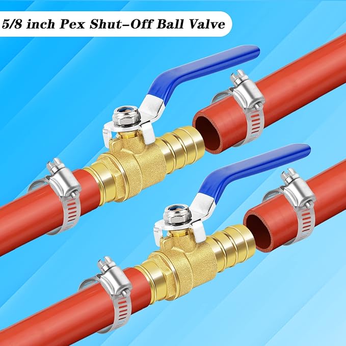 Brass Hose Barb Ball Valve Kit-2pcs 5/8" Heater Hose Shut Off Valve with Stainless Steel Clamps-High Temperature Resistance Shut off PEX Ball Valve for Water, Oil, Gas, Fuel line Fittings