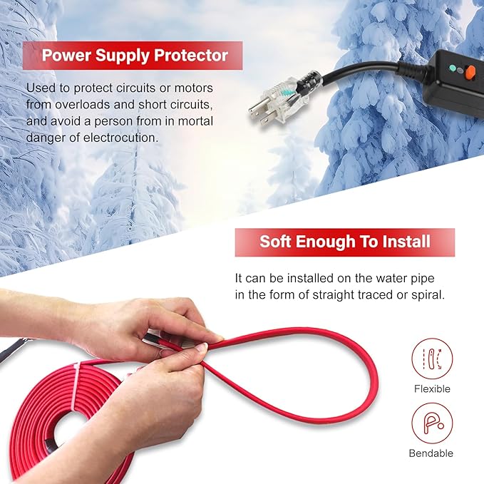 OEBLD Heat Tape for Water Pipes 18FT, Replaceable Smart Thermostat for Pipe Freeze Protection, Self-Regulating Roof Deicing Cable for Metal and Plastic Home Pipes, 110-120V