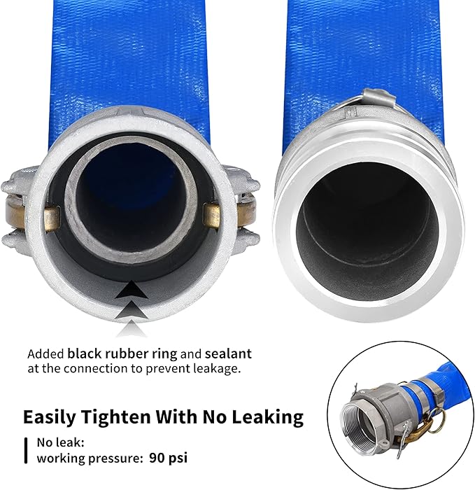 2" x 100ft PVC Lay Flat Discharge Hose With Aluminum Camlock C & E Fittings, Cam Lock Fitting Type A included, Heavy Duty Reinforced Pump Backwash Hose Assembly