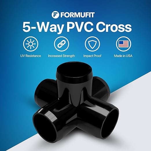 FORMUFIT 3/4" 5-Way Cross Furniture Grade PVC Fitting in Black, Made in USA, UV-Resistant, Impact-Proof, 1.050” Actual Socket Diameter (Pack of 8) - F0345WC-BK-8