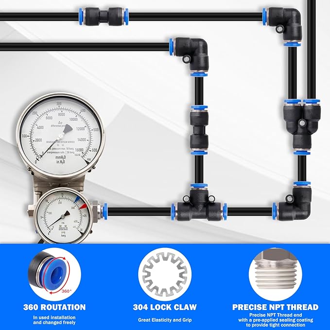 1/4" Air Line Tubing Kit,100 FT(30m)1/4 Inch DOT Air Line SAE j844 PA Nylon Air Hose Quick Connect Fittings with Cutter and Teflon Tape,1/4" Air Hose Kit for Pneumatic System Or Fluid Transfer(27 PCS)