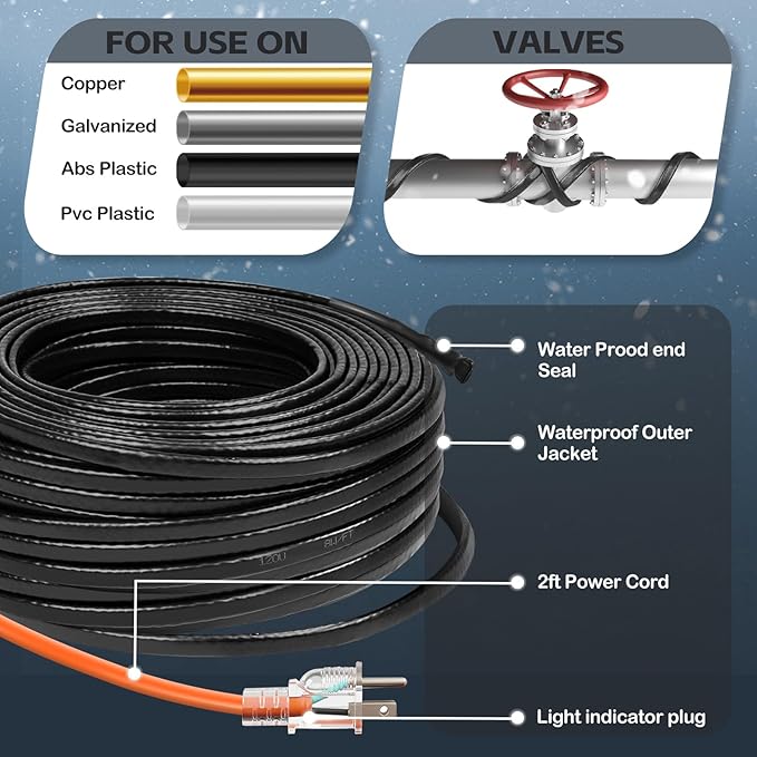 130FT（3FT-200FT） Pipe Heating Cable for Pipe Freeze Protection, Heat Cable for Water Pipes(Metal and Plastic), Pipe Heat Tape Keeps Water Flowing at -40°F 5w/ft, 120V Plumbing fixture