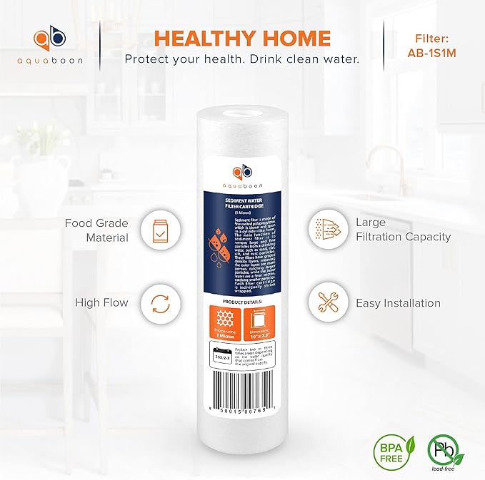 Aquaboon 1 Micron Whole House Sediment Filter 10 x 2.5 for RO & Well Water Filters Replacement Cartridges Compatible with AP110, WHKF-GD05, 25 Pack