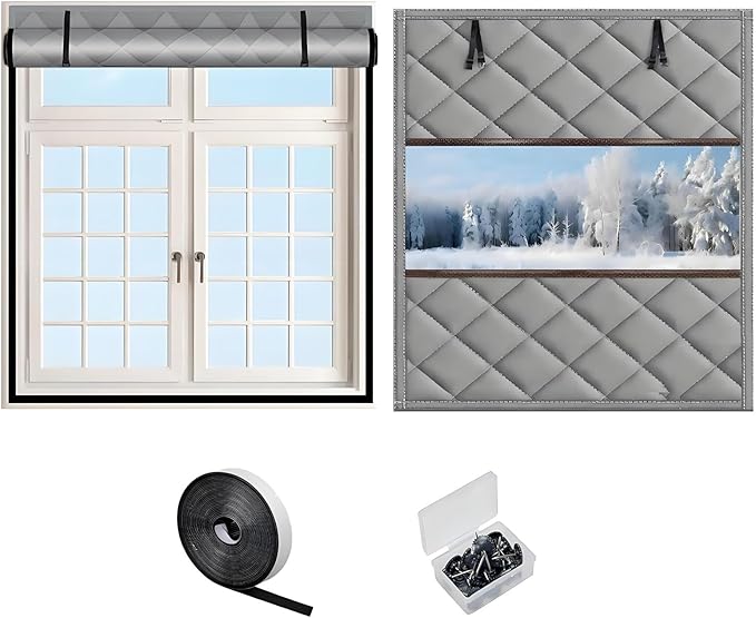 Thermal Window Cover for Wintern, Window Insulation Kit Blackout Oxford Curtain, Thicken Warm Waterproof Attic Insulation Blanket, Draft Blocker in Home RV 38 39 47 57 62 63in(Grays,63x106in)