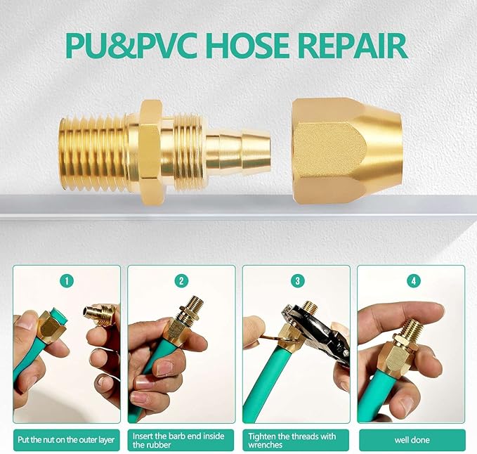 4pcs Premium Solid Brass Pneumatics Reusable PU Hose-End Repair Fitting, 1/4" Barb For 1/4-Inch ID Polyurethane Air Hose With 1/4" NPT